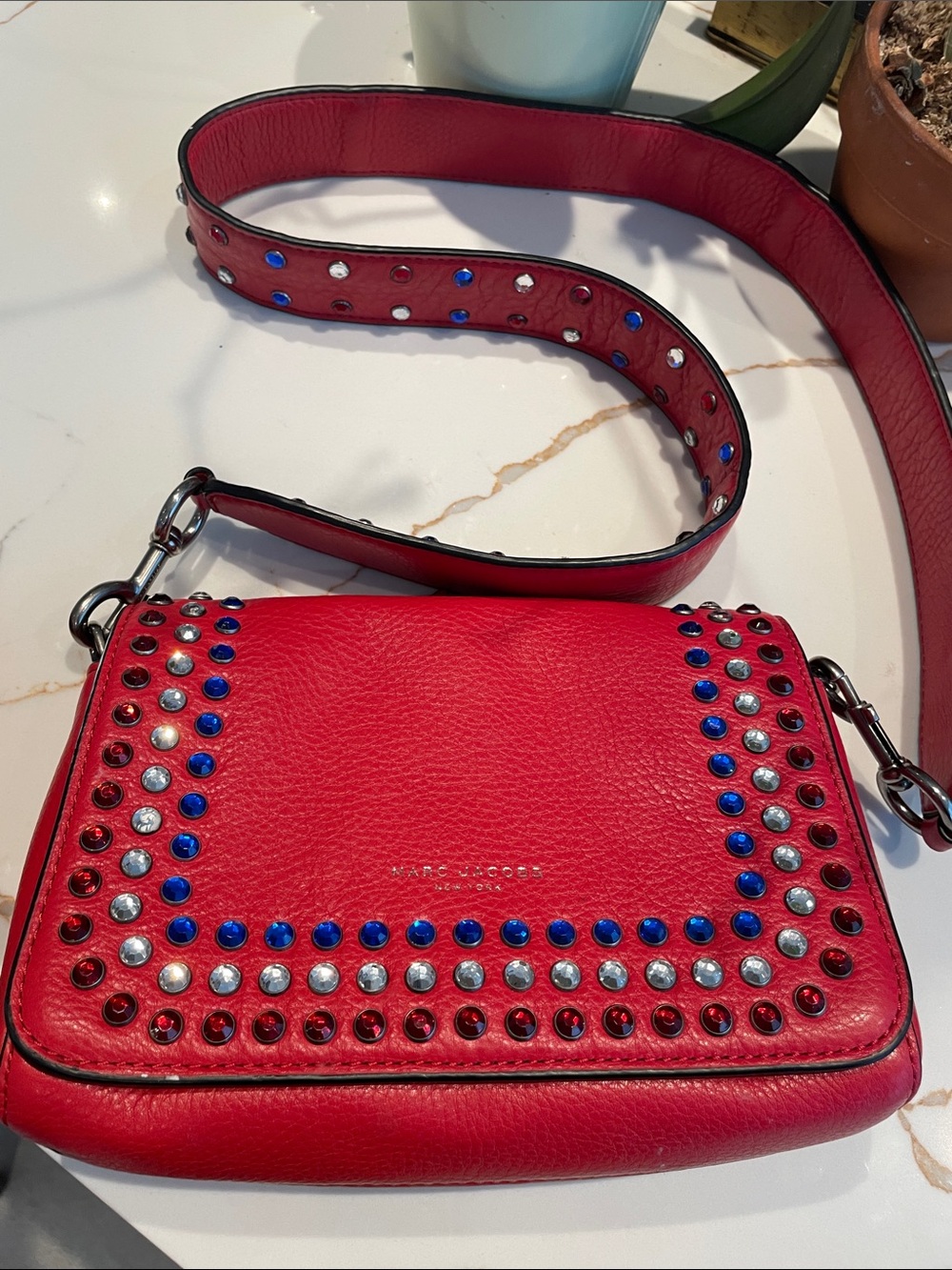 Marc Jacobs Red Leather Crossbody with Blue and Silver Stud Accents